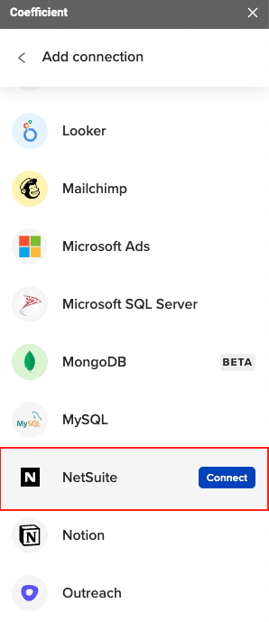oefficient sidebar with “Import from…” selected and NetSuite chosen as the data source.