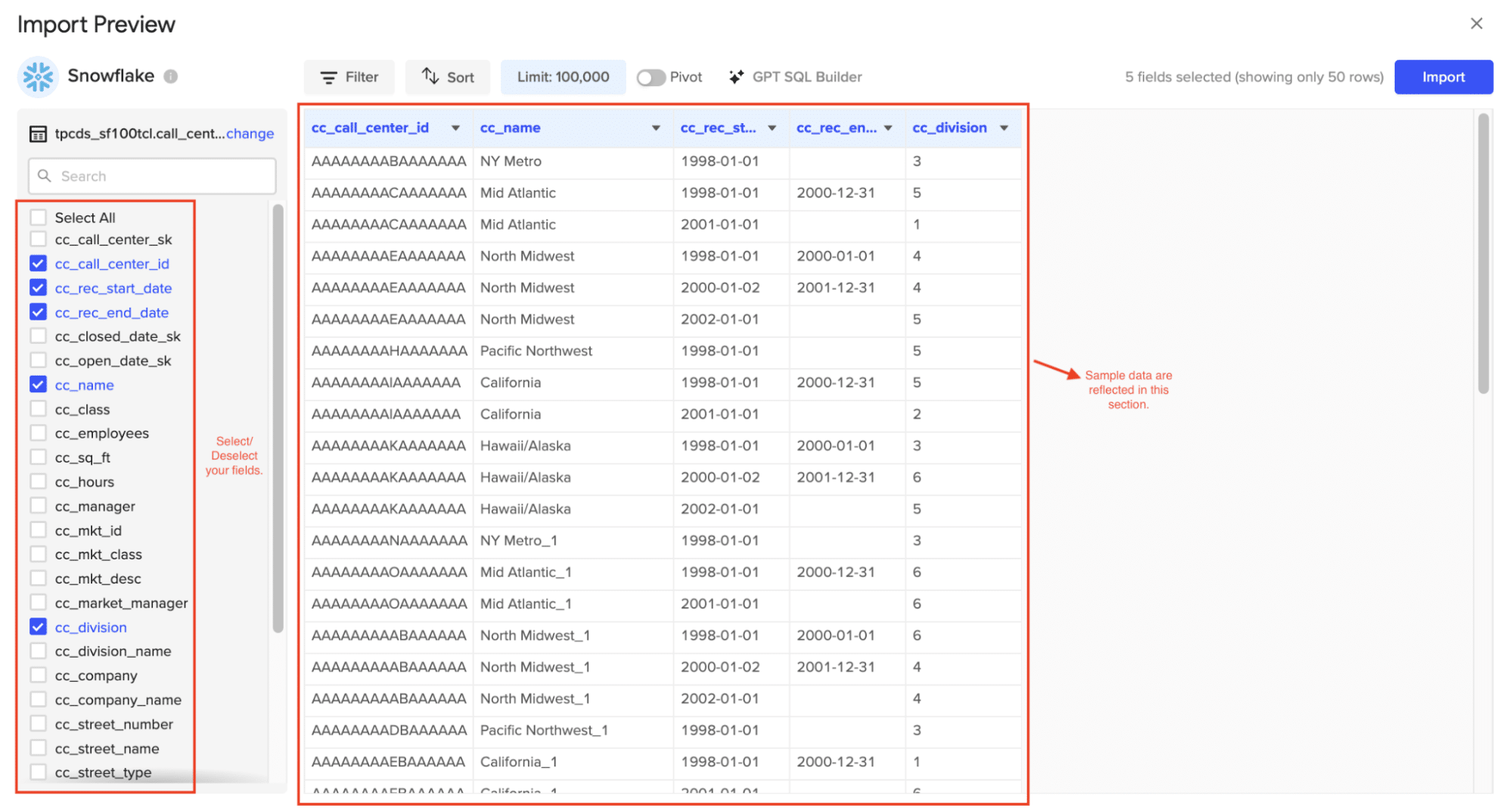 Coefficient data selection screen showing tables/columns or custom SQL query options for import from Snowflake