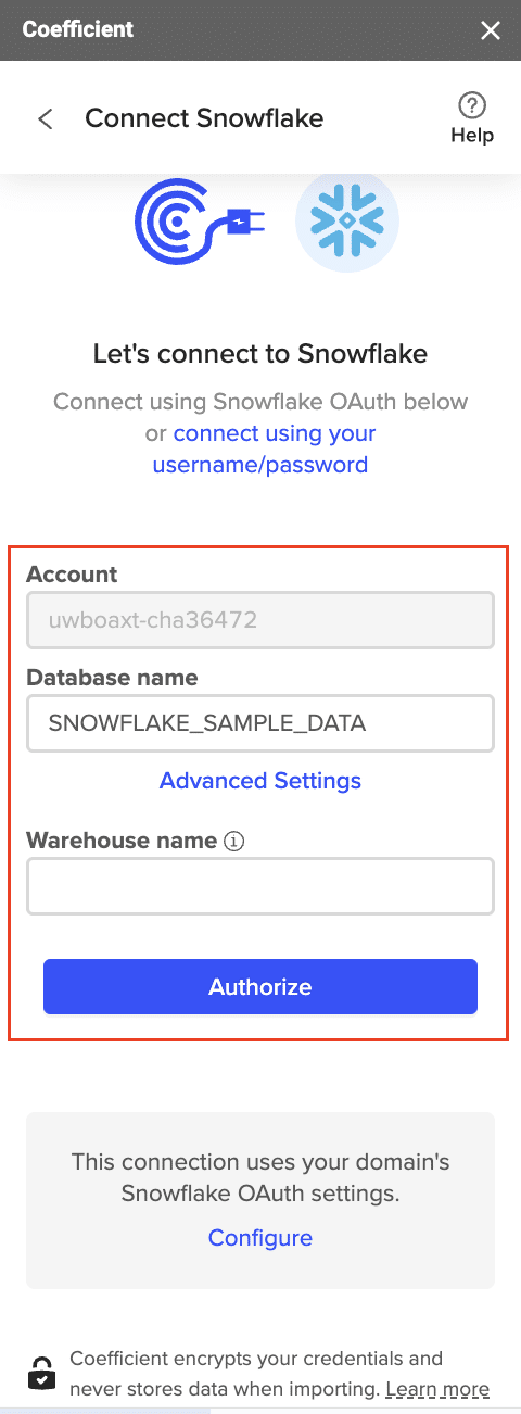  Coefficient interface for entering Snowflake credentials to authenticate and connect.