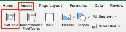 Screenshot of the process to insert a Pivot Table in Excel from the Insert tab, showing field selection