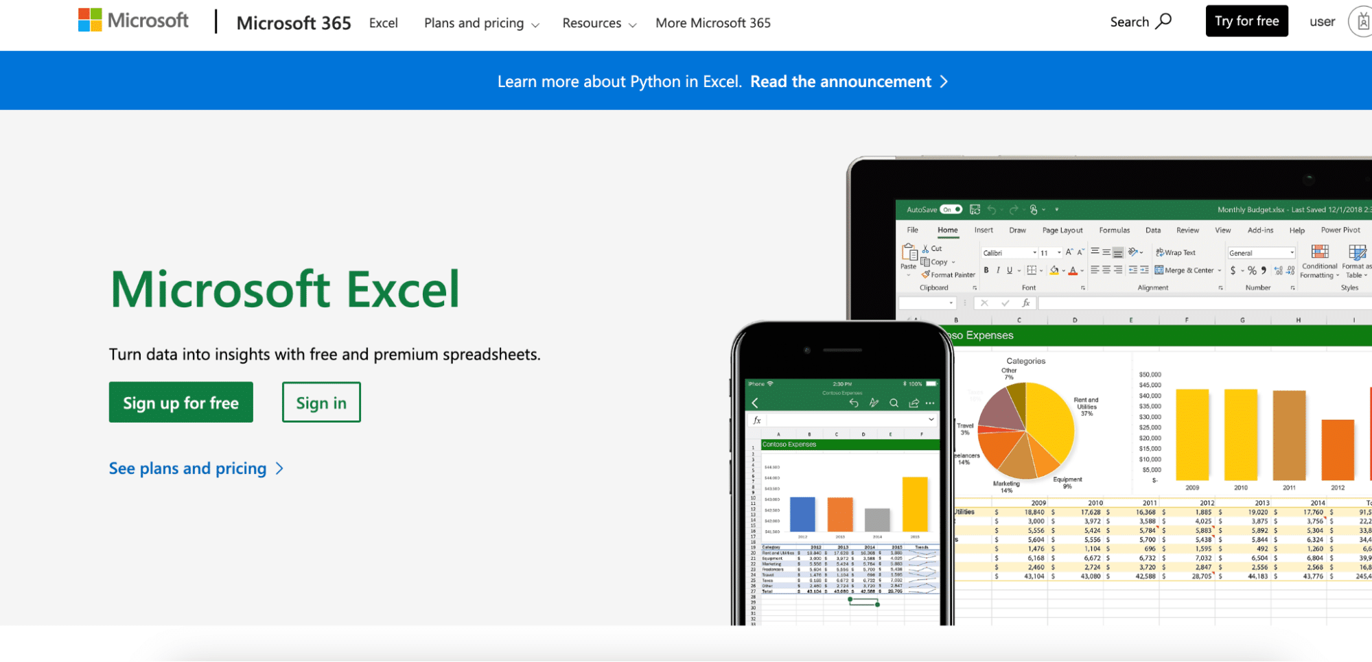 Microsoft Excel homepage featuring spreadsheet software with advanced data analysis tools for Stripe reporting.