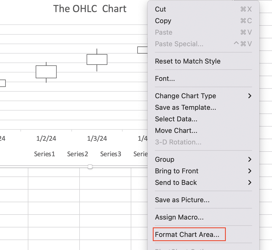 Choosing the appropriate stock chart type in Excel, such as OHLC or Candlestick.