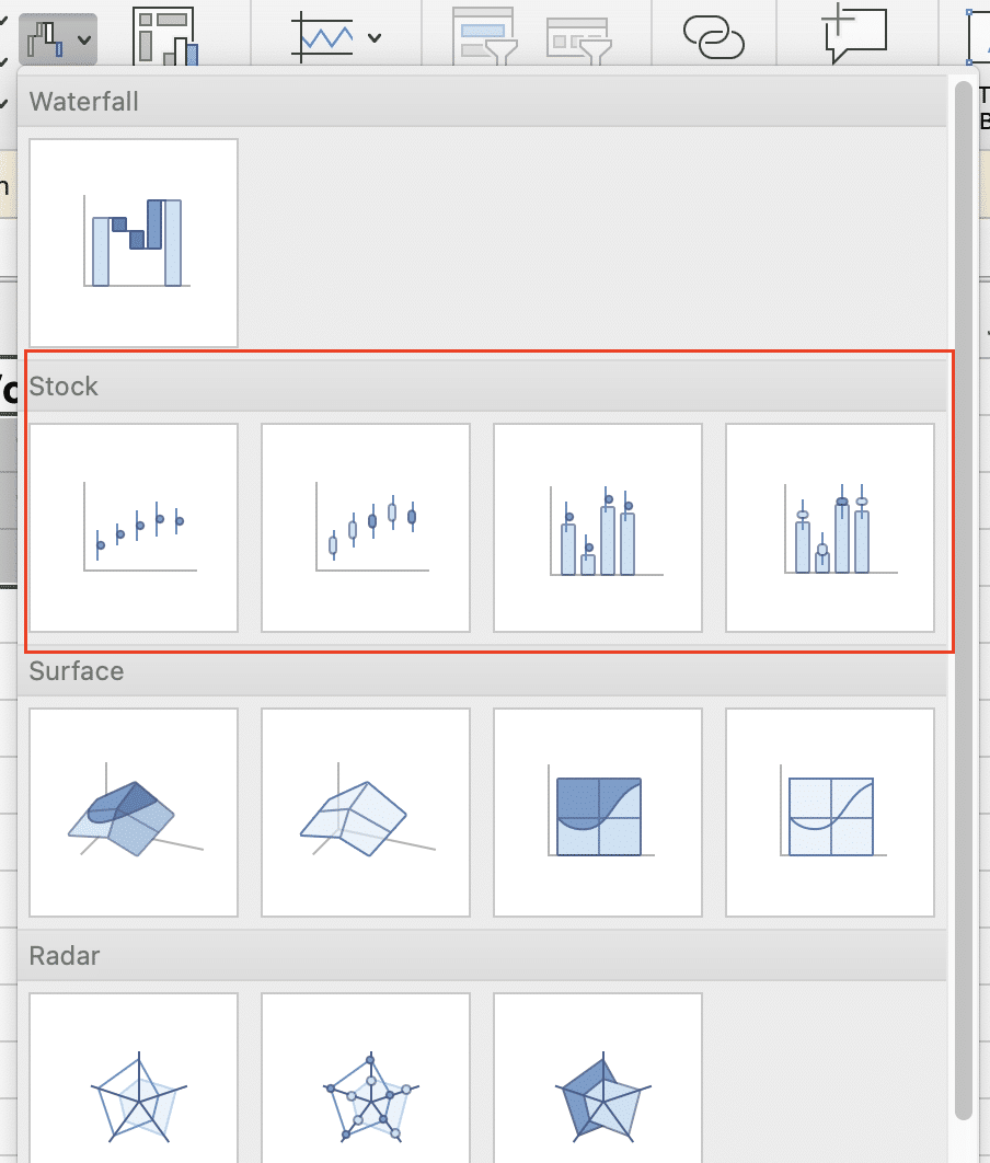 Selecting stock data in Excel for creating a stock chart.