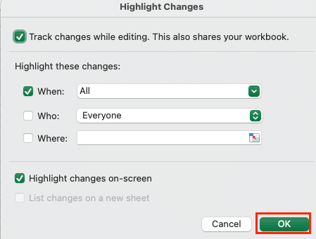 Screenshot of the ‘Changes’ pane in Excel, displaying a list of tracked edits and the users who made them.