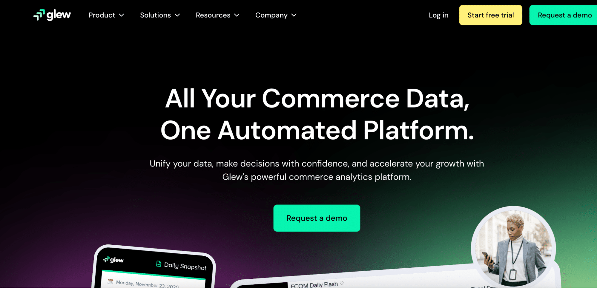 Glew.io homepage displaying e-commerce analytics and customer segmentation features integrated with Stripe.