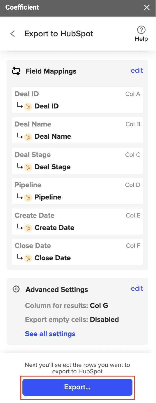 Coefficient export settings screen with batch size and options configured for HubSpot export.