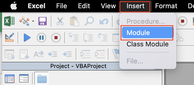Screenshot of the VBA editor in Excel showing the insertion of a new module for writing VBA code.
