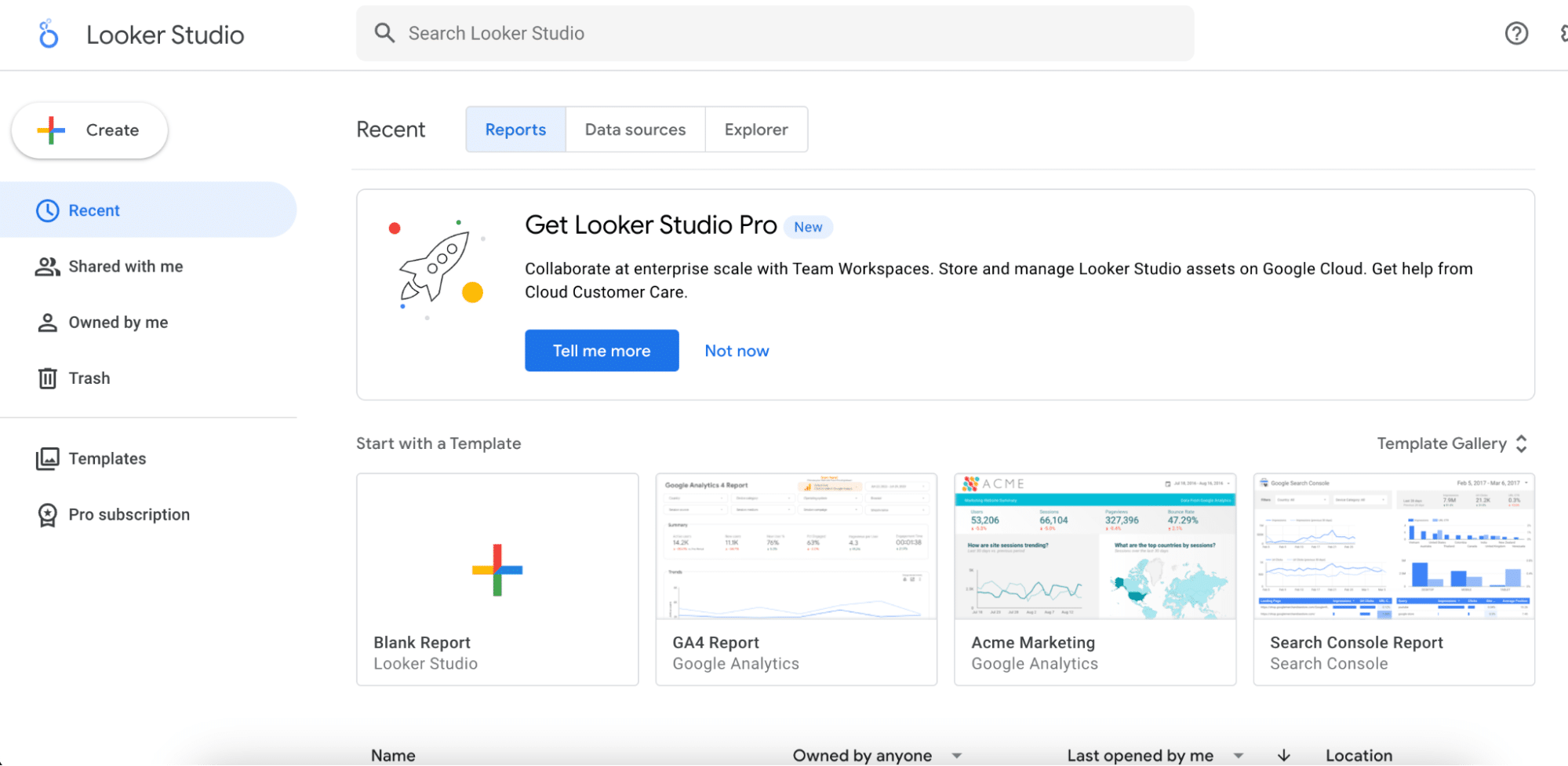 Looker Studio homepage showing NetSuite data analytics capabilities.