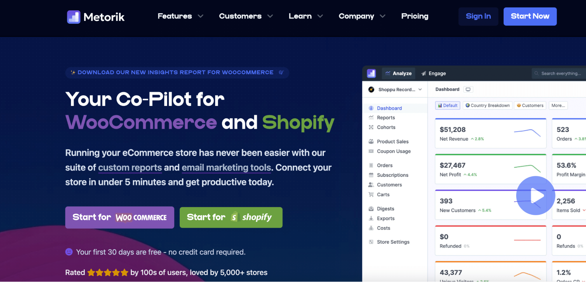 Meteroik homepage showing revenue forecasting and subscription analytics tools for SaaS businesses.
