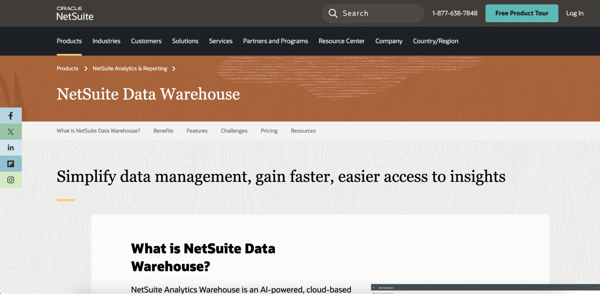 NetSuite Analytics Warehouse homepage highlighting advanced data warehousing features.
