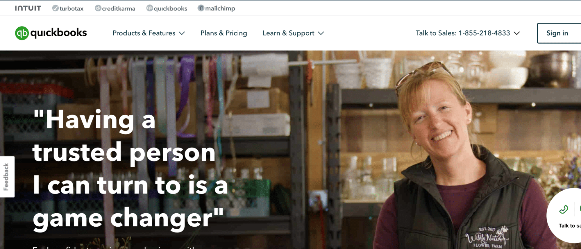QuickBooks homepage highlighting automated bookkeeping, reconciliation, and Stripe integration for small businesses.