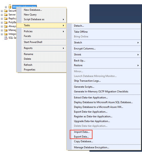 SQL Server Management Studio with “Tasks” menu opened, “Export Data” option highlighted.