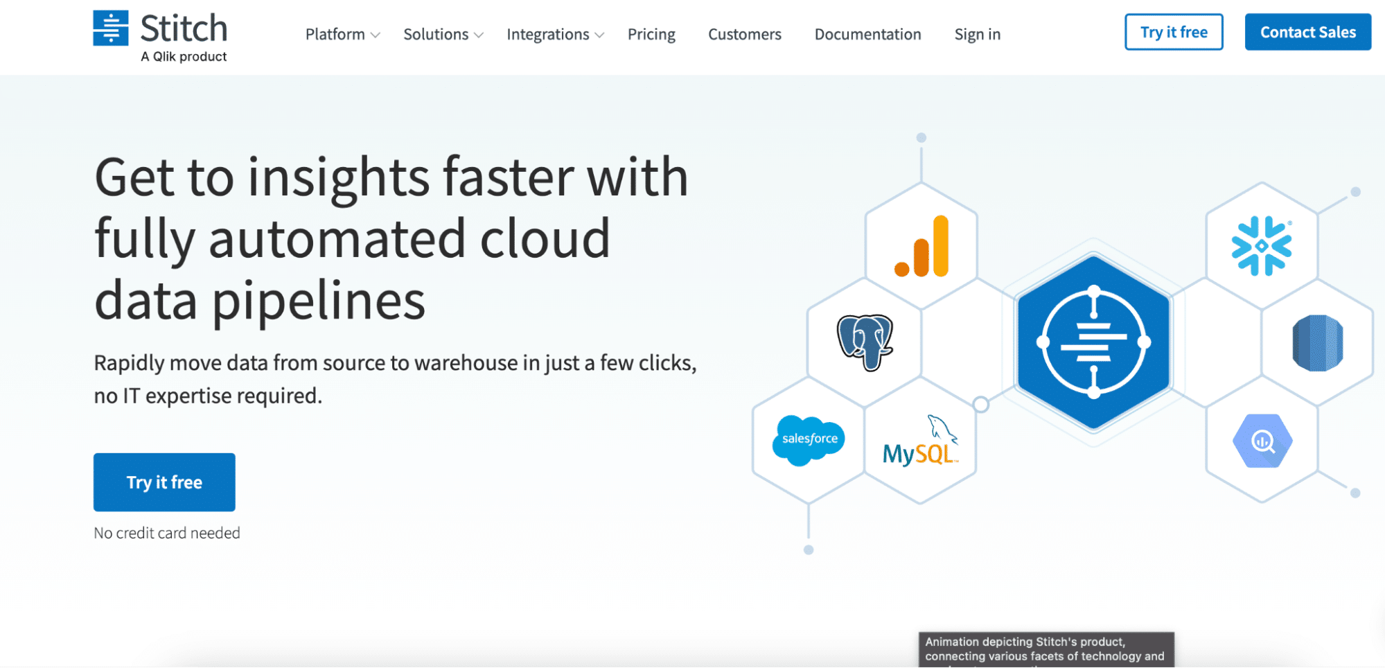 Stitch homepage highlighting data pipeline automation and integration with Stripe.