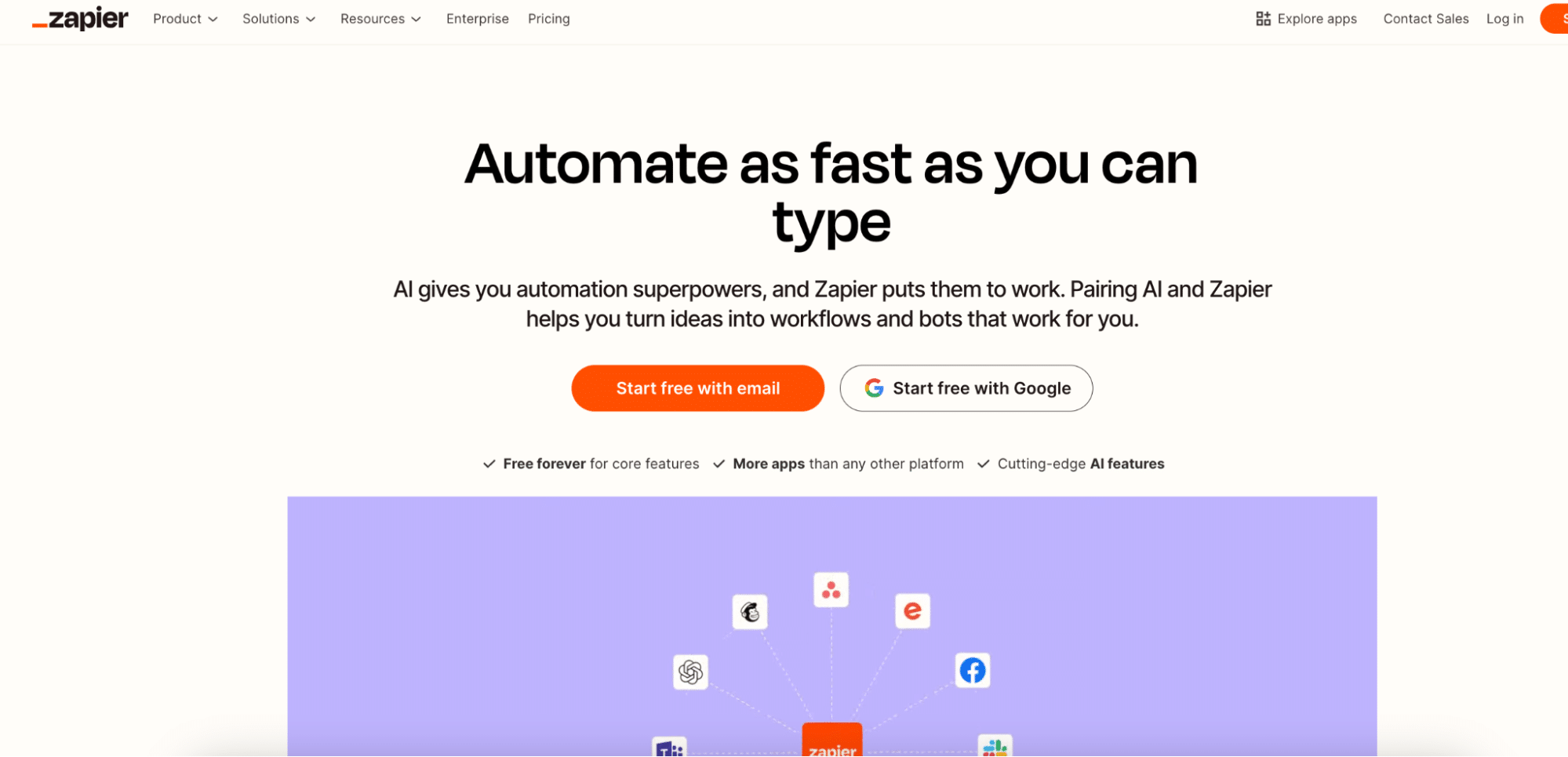 Zapier homepage showing automation workflows and integration capabilities with Stripe.