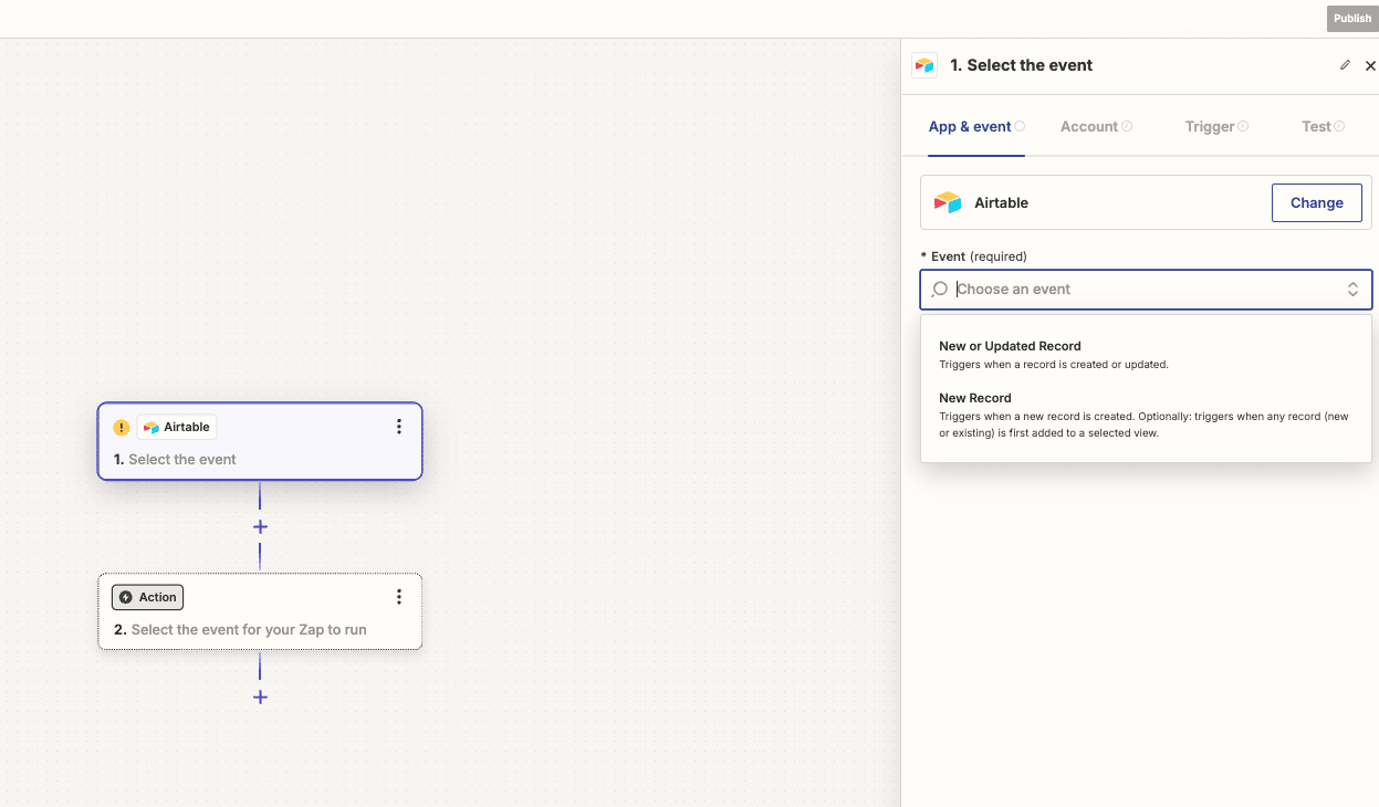 Zapier interface showing selection of an action like “Insert Row” for sending Airtable data to PostgreSQL.