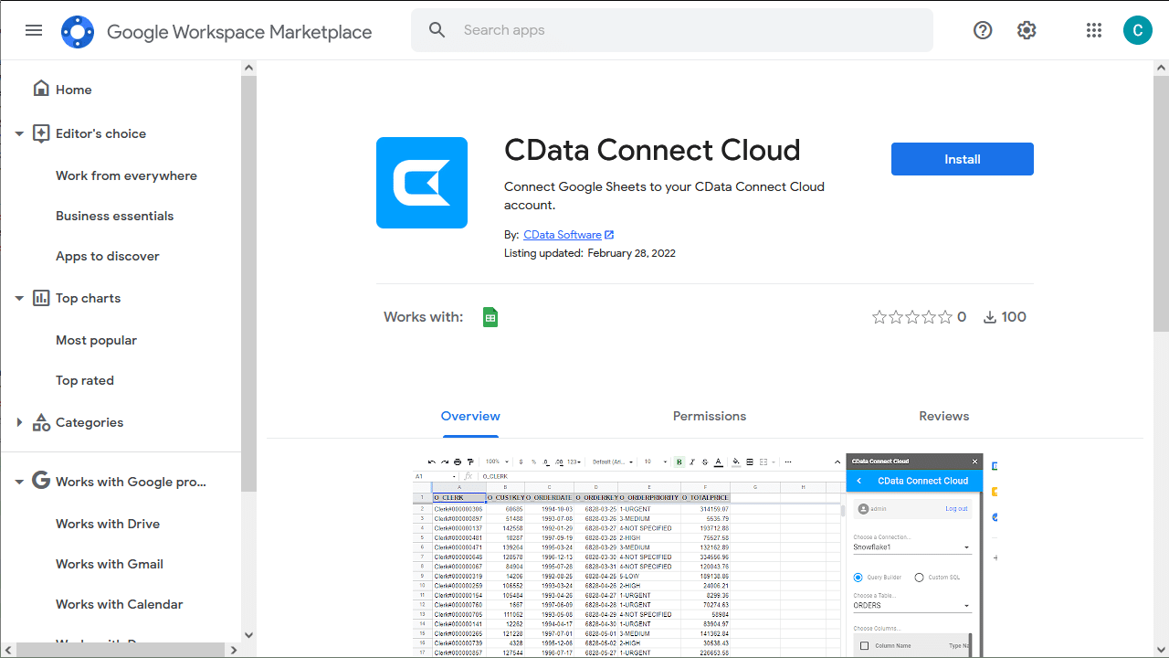 A screenshot of CData Connect Cloud in the Google Marketplace.