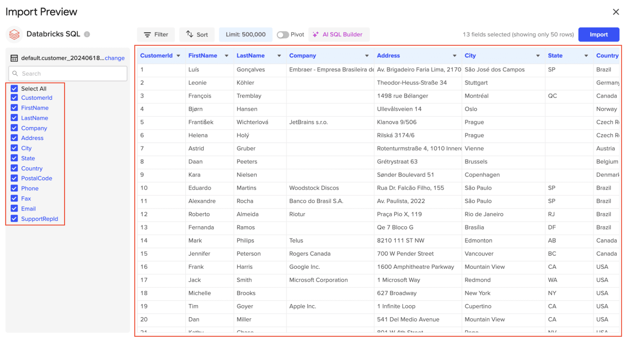 Screenshot displaying the preview of the selected data in the Coefficient Import Preview window.