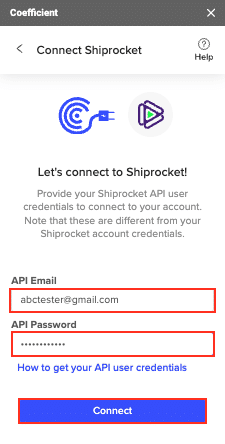 Shiprocket API credential input screen in Coefficient