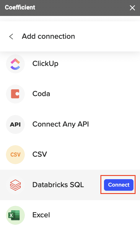 Screenshot of the Coefficient sidebar in Excel for importing Databricks data.