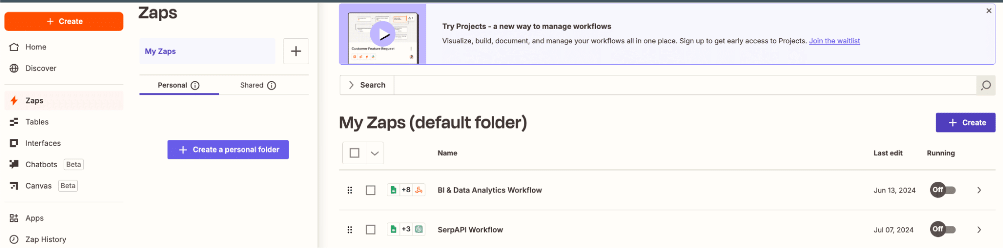A screenshot of selecting + Create Zap.