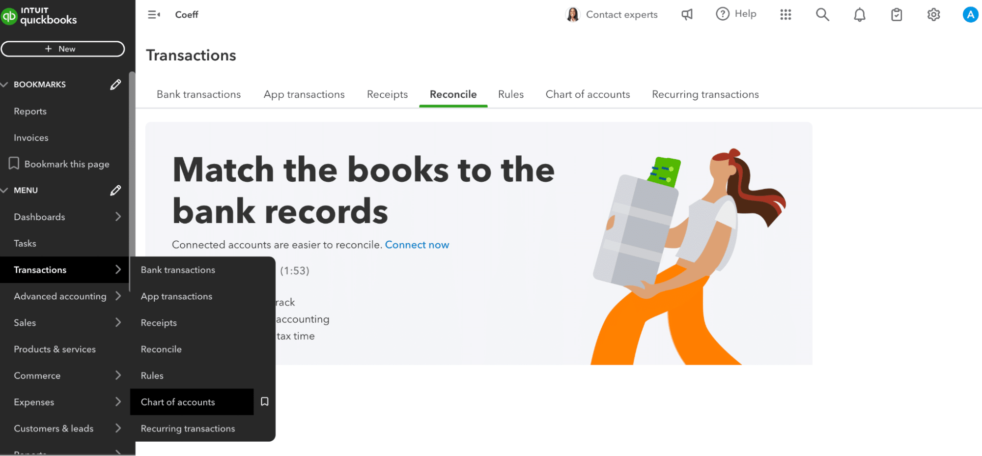 Selecting transaction and chart of accounts from the left-hand side of QuickBooks.