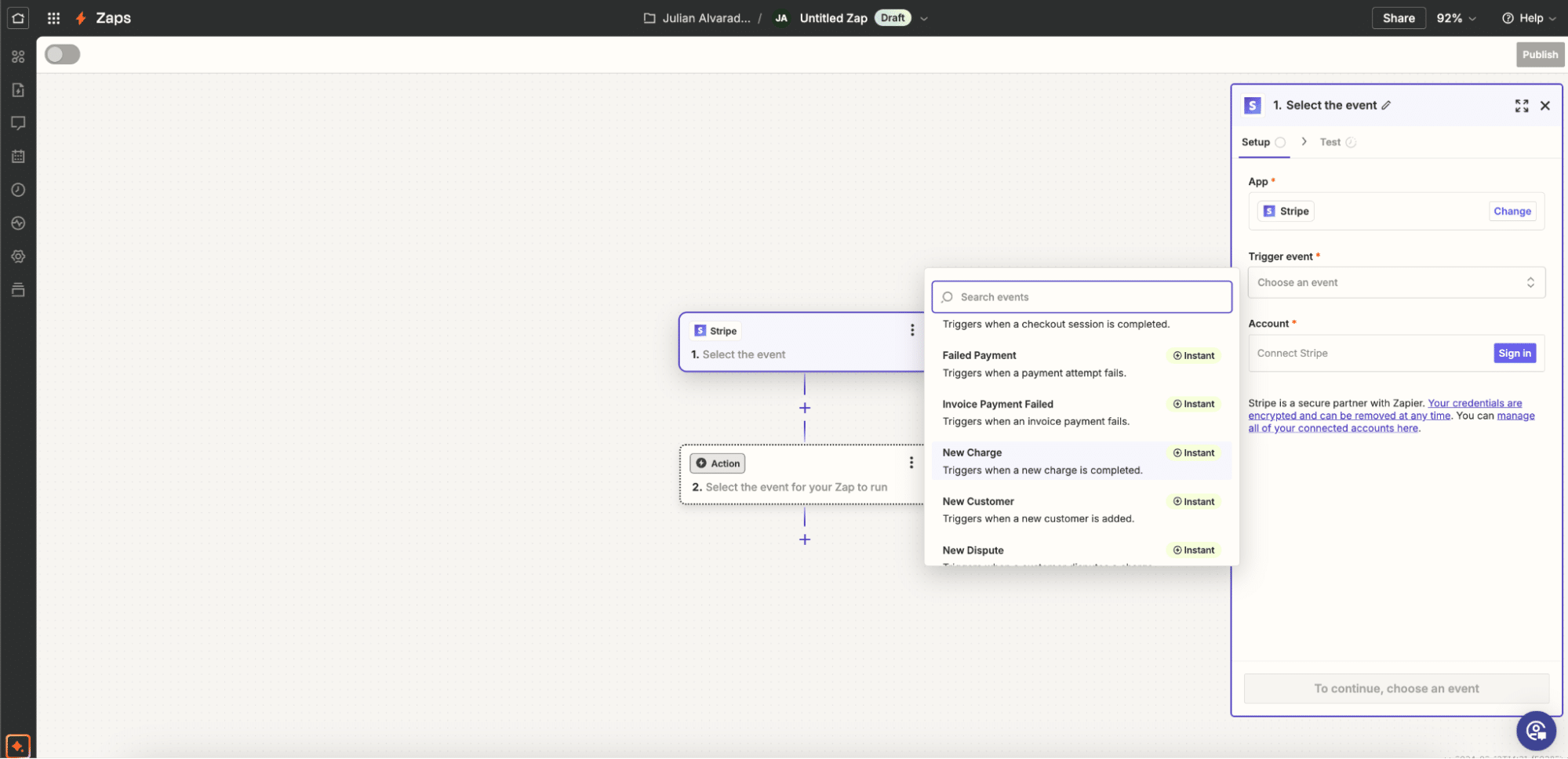 A screenshot of selecting a trigger in Zapier.