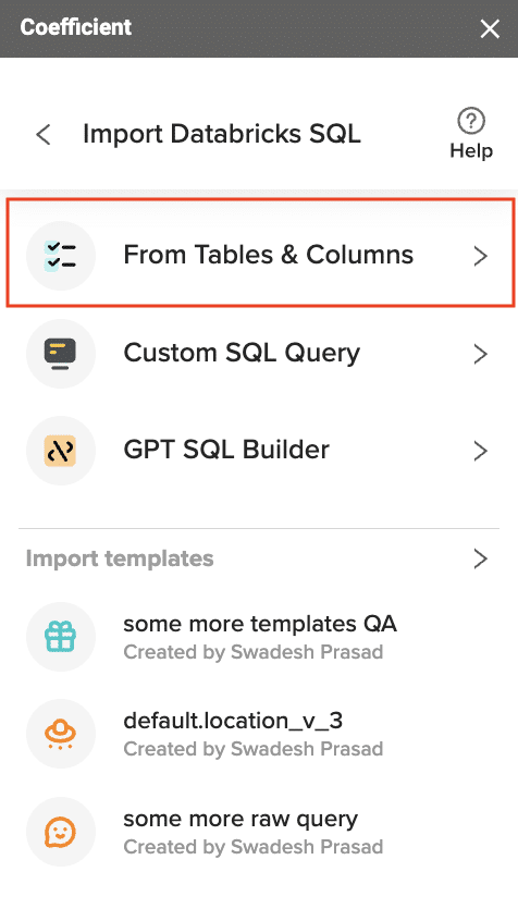 Screenshot showing how to select Databricks tables and columns to export into Google Sheets using Coefficient.