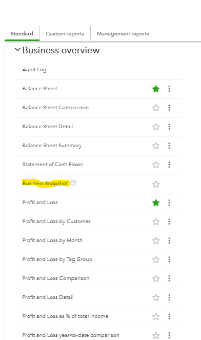 Selecting Business Snapshot from the QuickBooks menu.