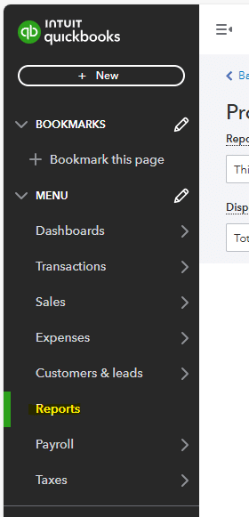 The screenshot of selecting reports in the quickbooks menu drop down.