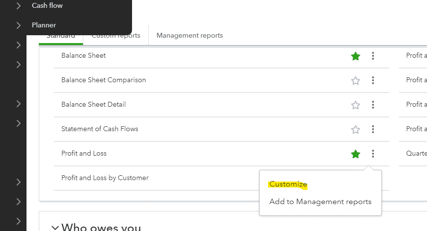 Selecting 'Customize' from the Profit and Loss menu.
