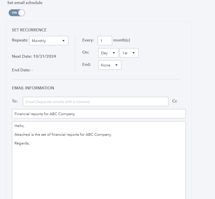 Setting the email schedule.