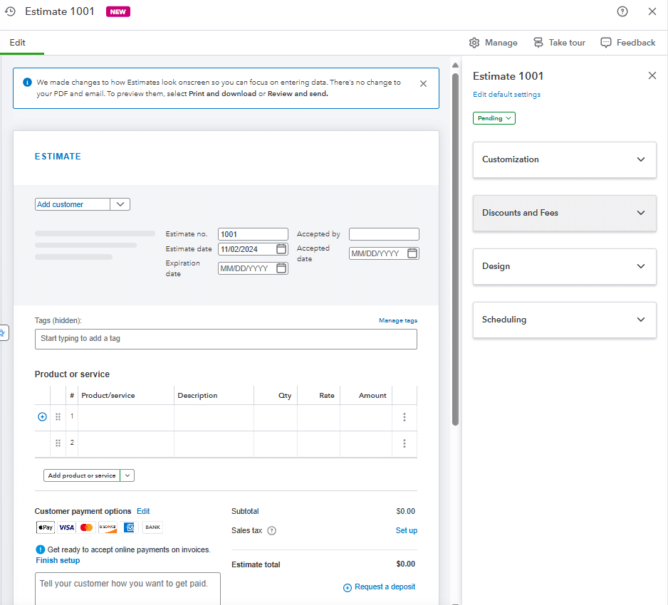 Customer and project selection dropdown in estimates screen