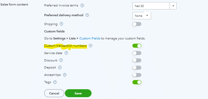  Enabling custom transaction numbers in QuickBooks Online sales settings