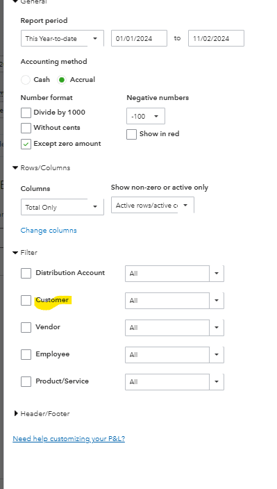 Job cost reporting screen with time period and project filters