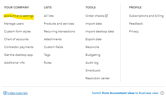QuickBooks Online account and settings menu under company settings