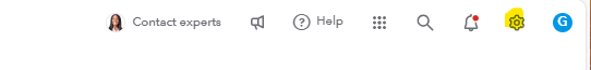 QuickBooks Online settings gear icon location in top-right corner of dashboard