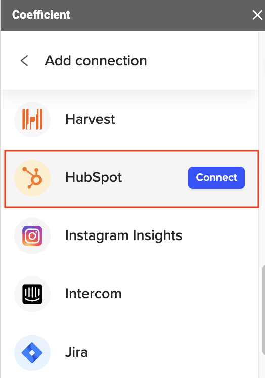 HubSpot selection in Coefficient's menu