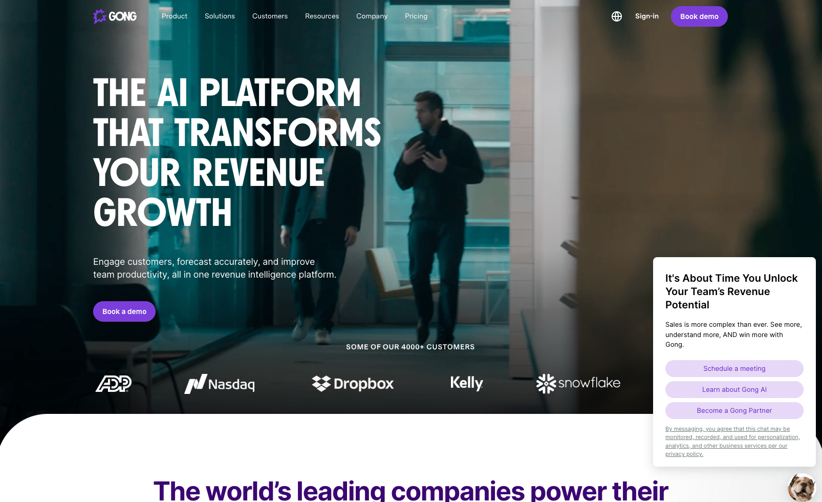 Screenshot of Gong's home page: