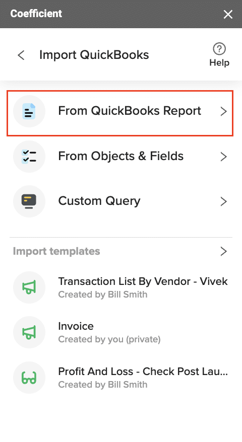 QuickBooks Report Selection Screen