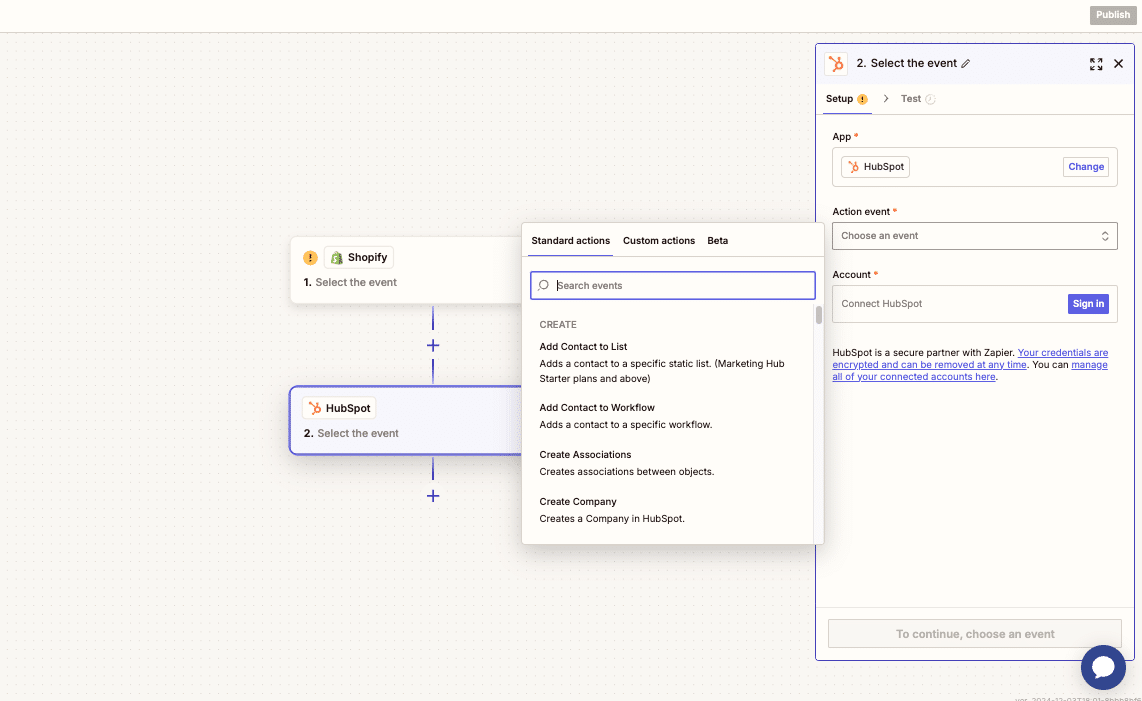 HubSpot action configuration in Zapier.