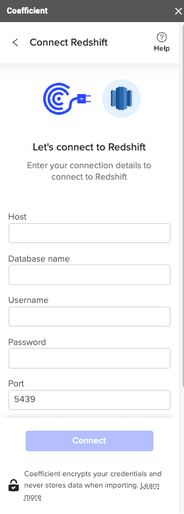 Redshift, Connection Credential screen.