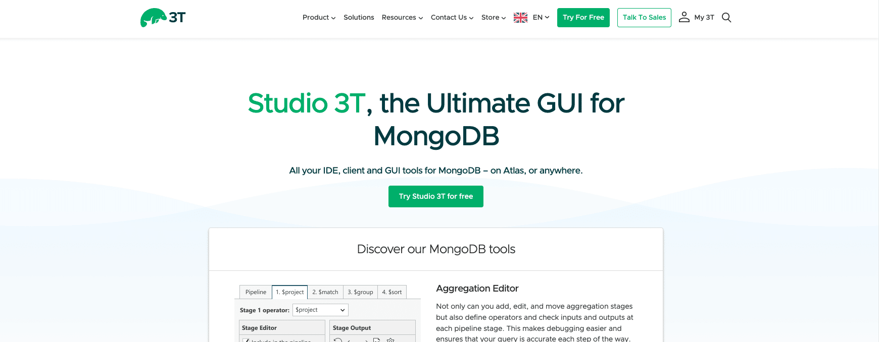 Studio 3T's homepage menu