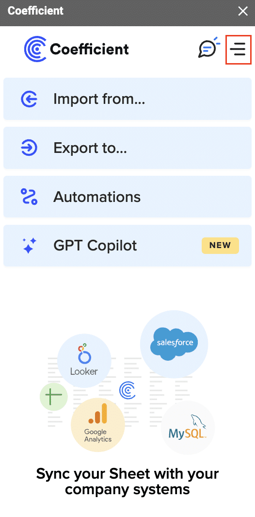 Menu icon and coefficient toolbar.