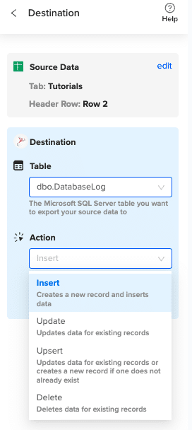 Database Table Configuration menu
