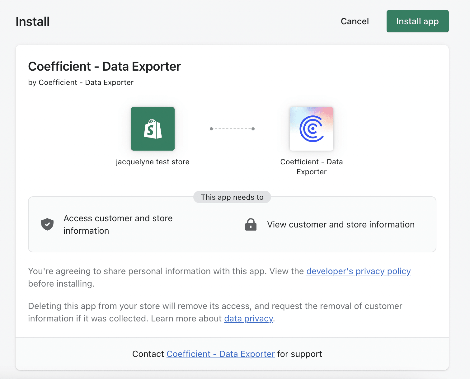 Shopify app installation confirmation page.