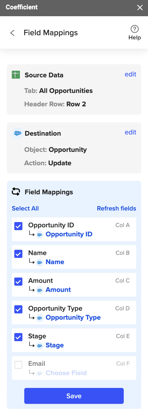 Field mapping interface for Salesforce export