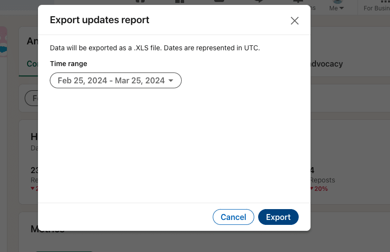 Date range selector for LinkedIn export.