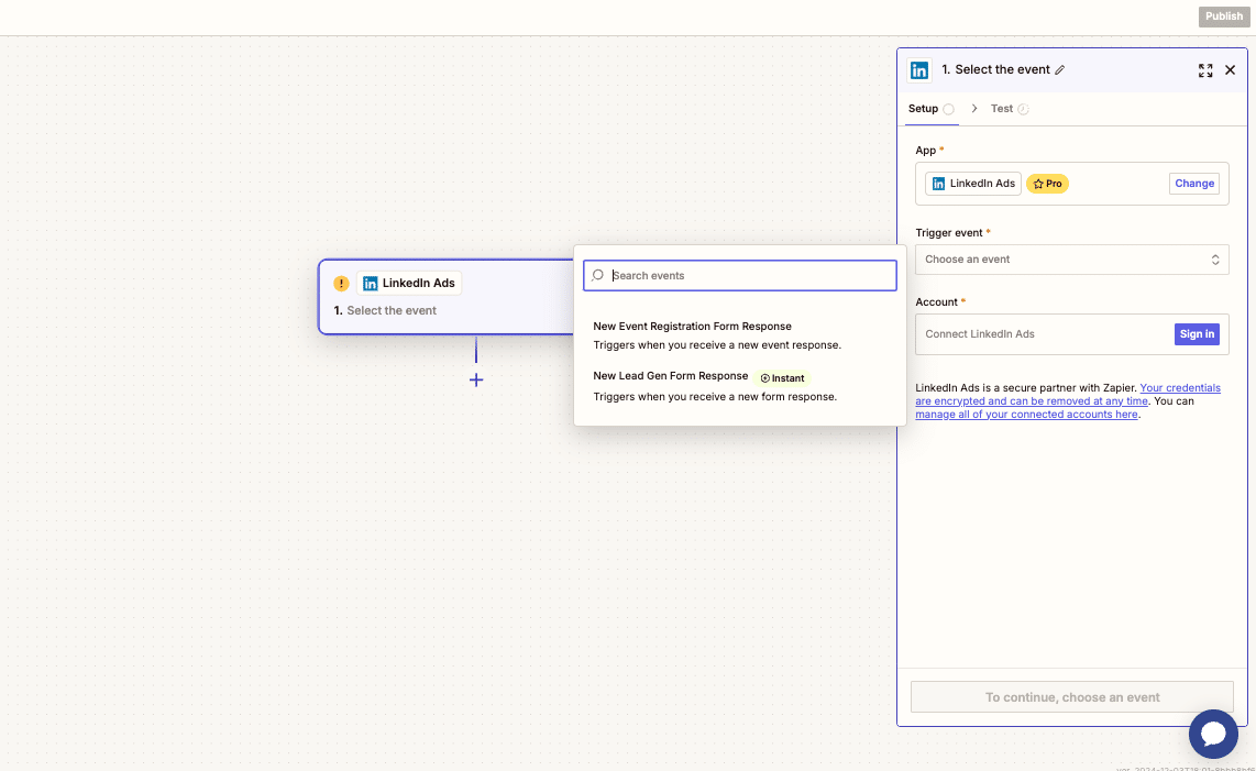 LinkedIn Ads Trigger configuration in Zapier