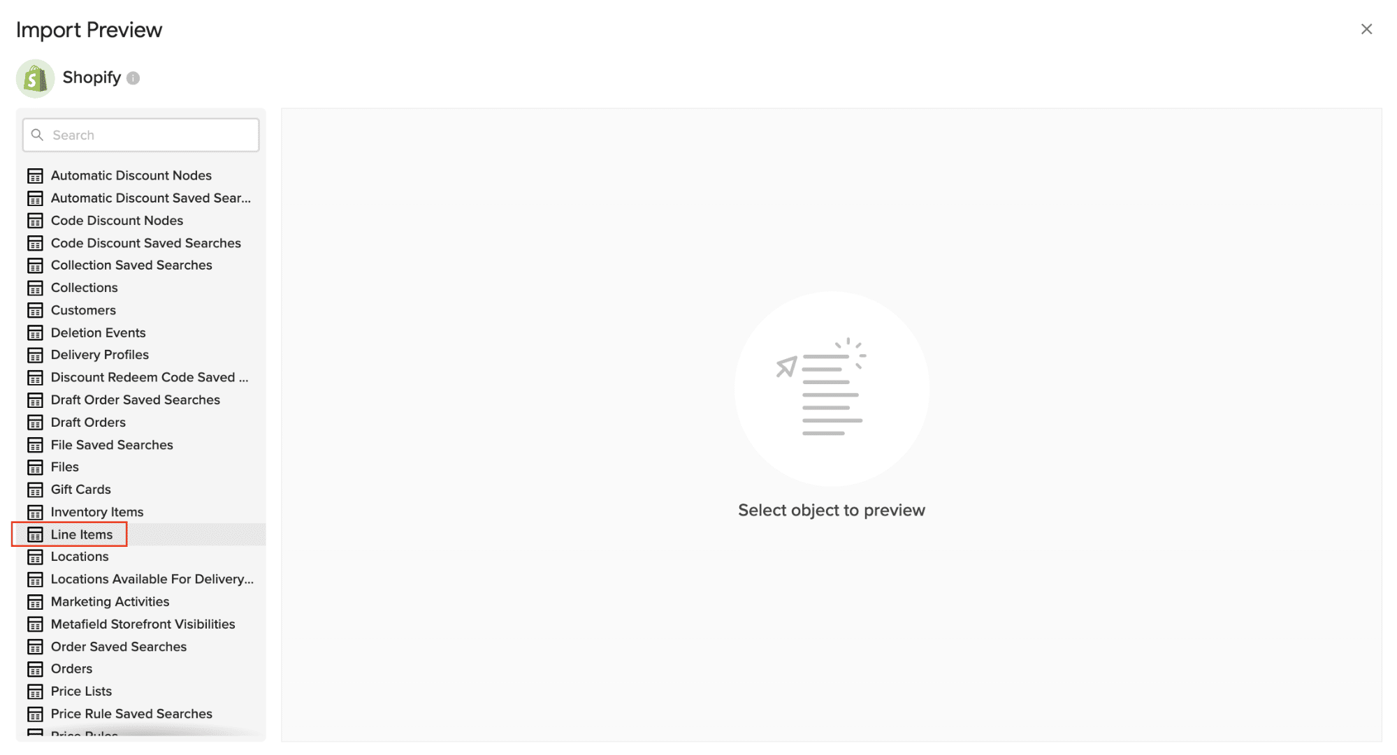 Data object selection with line item.
