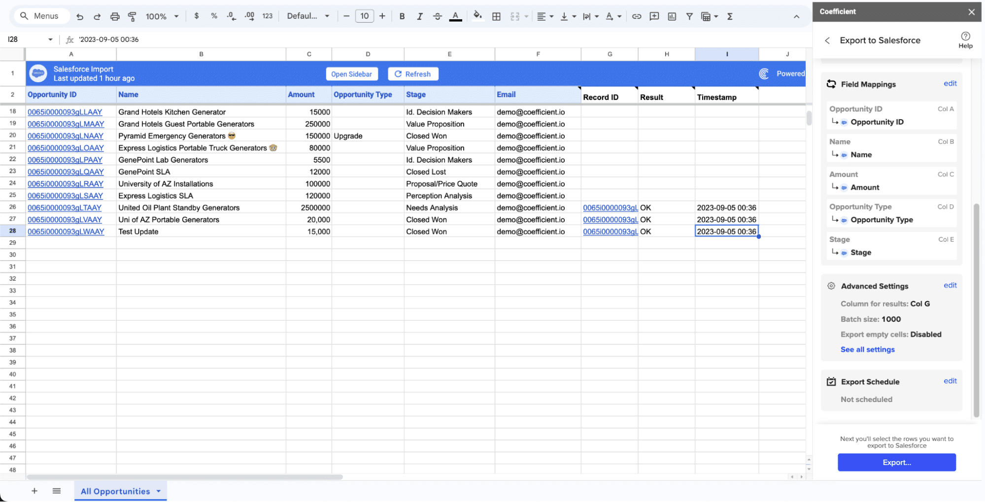 Export configuration panels with settings options